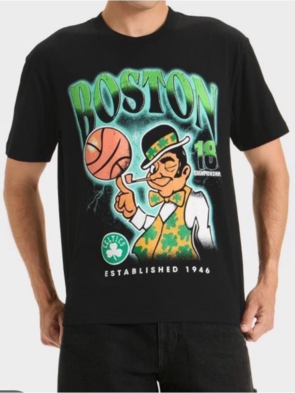 New Boston Celtics Black Graphic Tee with Lucky Leprechaun